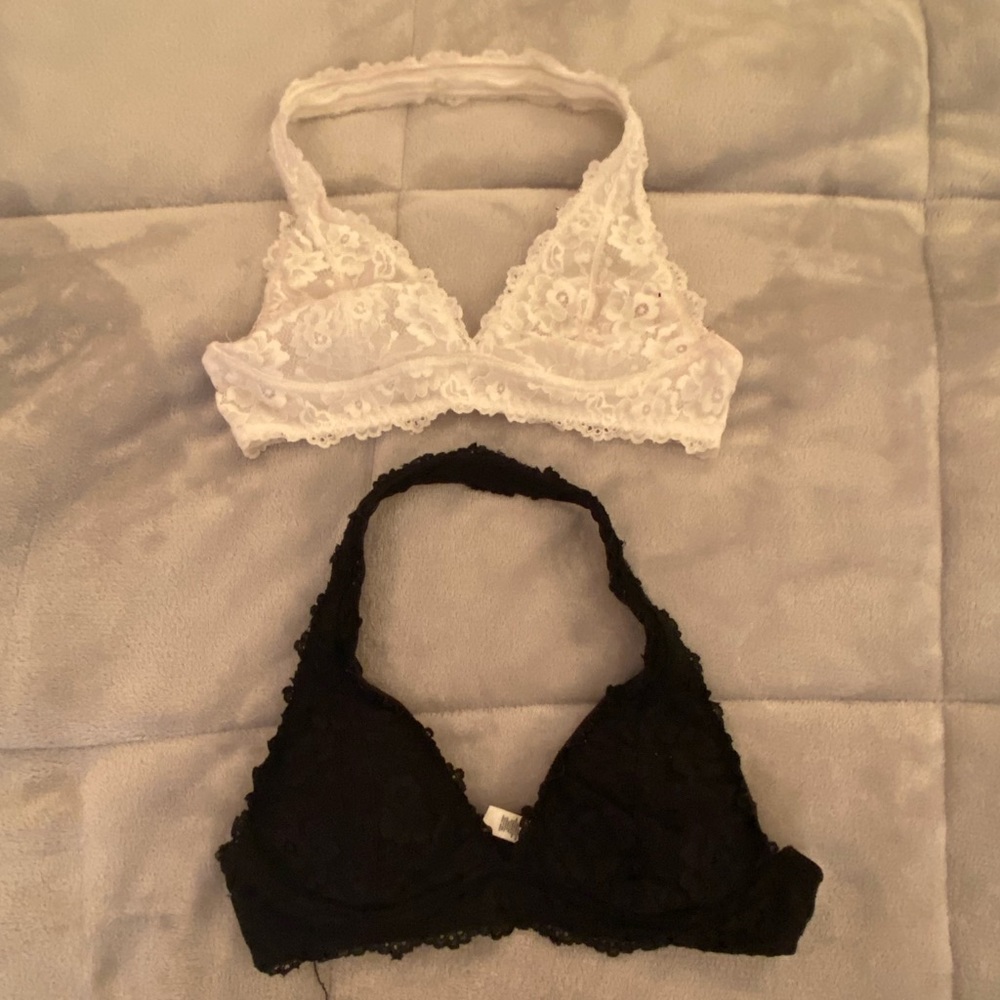 2 black and white garage bralettes